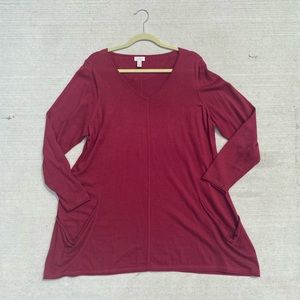 LOGO by Lori Goldstein Long Sleeve Dark Red/Wine V-Neck Sweater